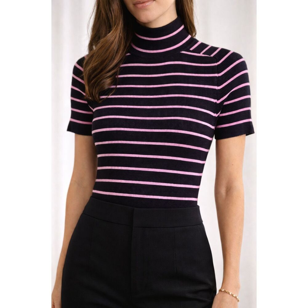 Striped Turtleneck Sweater Black Pink Ribbed Short Sleeve Office Interview Top M